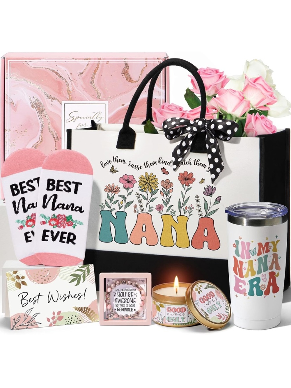 Grandmother gift tote bag Nana Floral Set for gigi birthday candle tumbler